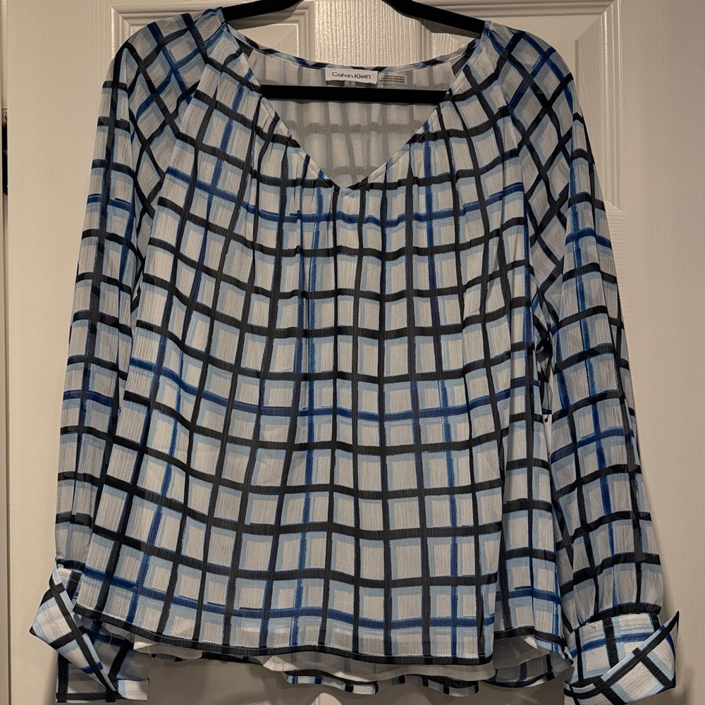 Calvin Klein Black and Blue Grid Blouse